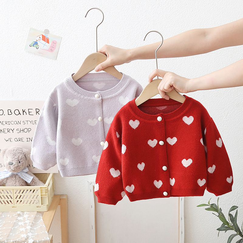 スウェット ニットシャツ カーディガン 女の子 前開き ボタン 子供服 キッズ服 女の子 かわいい ハート 総柄 長袖 プレゼント ギフト 春 秋 80 90 100 110 120 cm カラー: 