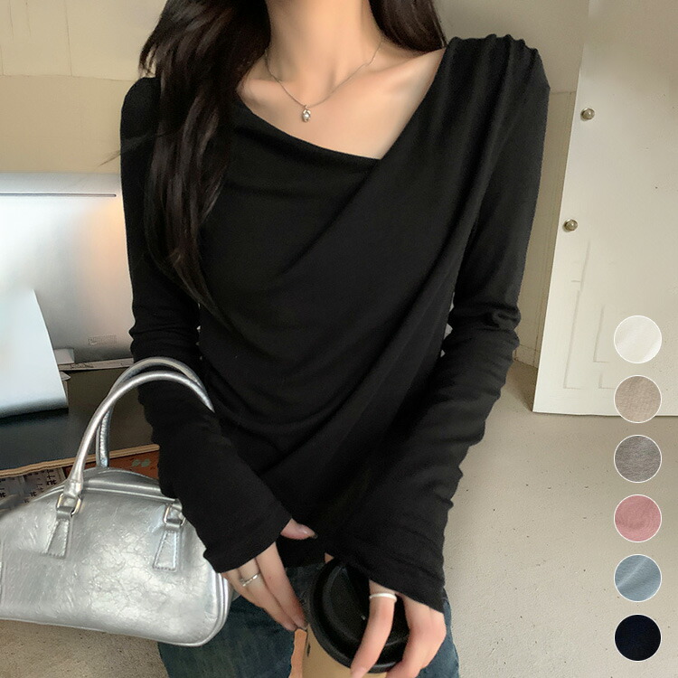 長袖Tシャツ レディース ロングTシャツ ロンt ショート丈 長袖カットソー アシンメトリー ネック 春 秋長袖Tシャツ レディース ロングTシャレディースファッション 特集カラー: グレー ホワイト