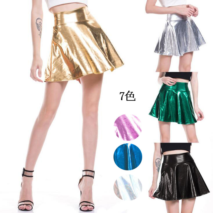 レザースカート レディースミニスカート ハイウエスト Aラインスカート 光沢スカート セクシー フェイクレザー ジャズダンス Jazz ダンス衣装 ステージ衣装 パーティー クラブ 金 銀 7色 黒レ