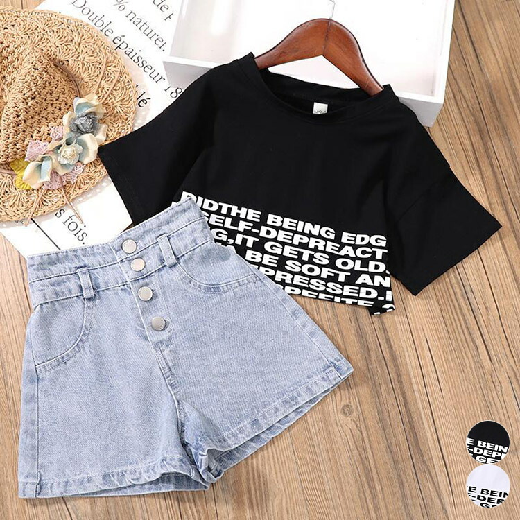 キッズ 半袖カットソー デニム ショートパンツ 上下セット セットアップ tシャツ ロゴ おしゃれ 子供 ジュニア Tシャツ ショットパンツ 女の子 夏 オシャレ 2点セットキッズ 半袖カットソー デ