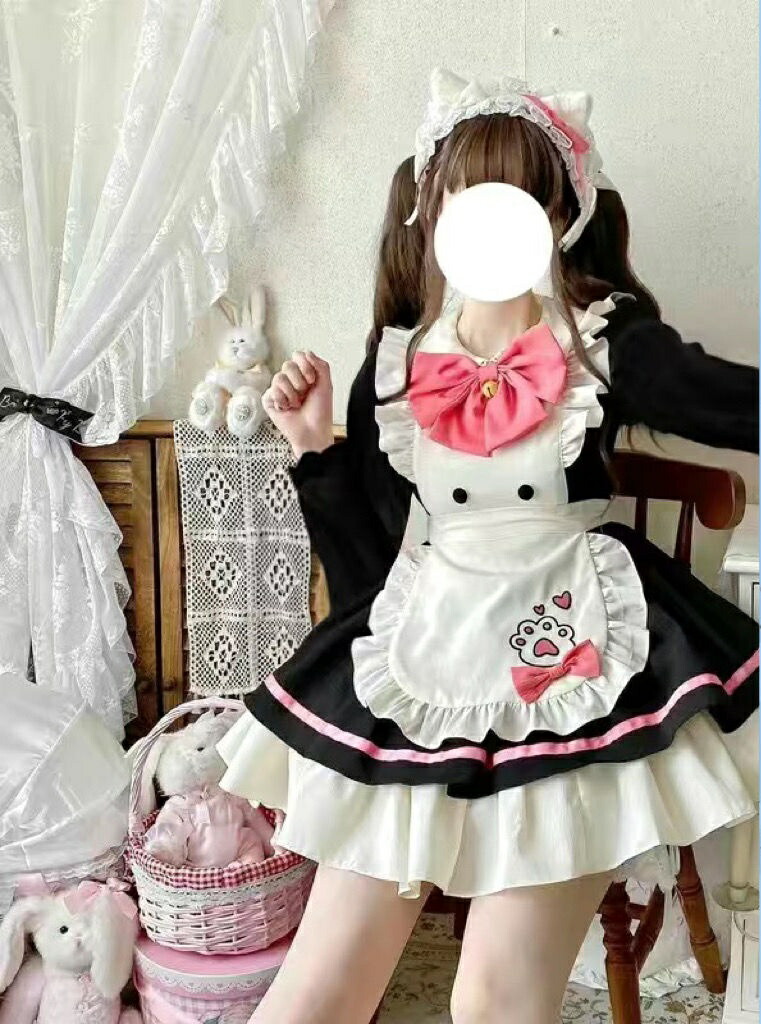 メイド服 ワンピース 長袖 6点セット 可愛い セット ショート丈 パニエ 猫耳KC 猫爪 お姫様 甘ロリータ スウィート風 キュット イベント 可愛いコスチューム 文化祭 学 パーティーメイド服 ワ