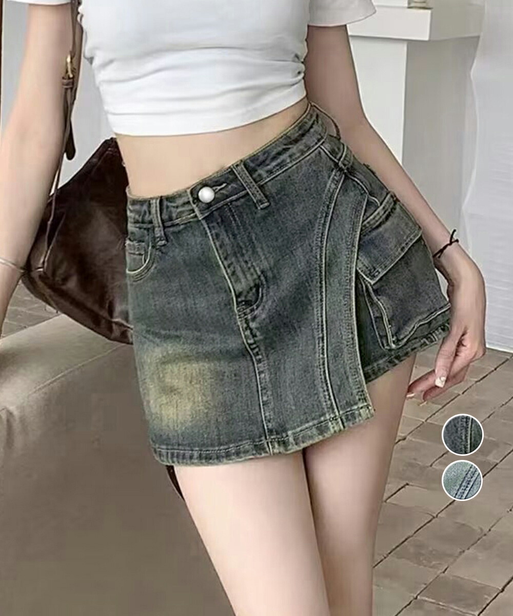 ラップスカート風デニムショートパンツ春夏 ハイウエスト ウォッシュデニム 美脚脚長 短パン ジーンズ お洒落 キュロットパンツレディース 細見え miniministore 84GZ 台形ミニスカパン