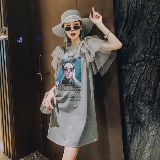 Tシャツワンピース ミニ リメイク風 古着風 フリル袖 プリント ワンピース ロング 裾 フリル チュニック レディース 大人 春 夏 半袖 プルオーバー カジュアル おしゃれ かわいい 大きいサイズ