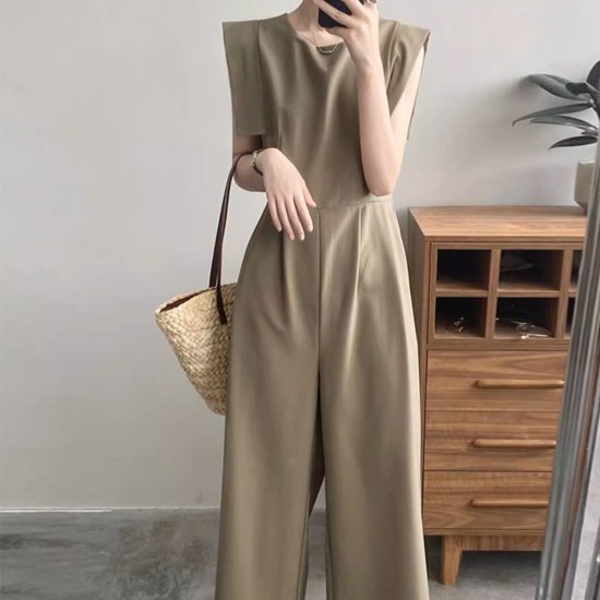 オールインワン レディース ノースリーブ ワンピース ワイドパンツ リボン ロング ジャンプスーツ フレンチスリーブ レトロ 2color シック きれいめ エレガント おでかけ おしゃれ 上品オール
