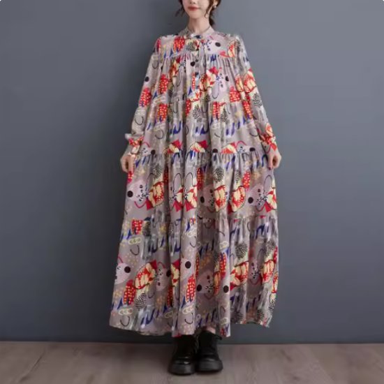 ロングワンピース レディース ティアードワンピース 花柄 プリントワンピース 長袖 ノーカラー スタンドカラー ロング マキシ レトロ Aライン シャツワンピ 個性的 カジュアル おしゃれ かわいいロ