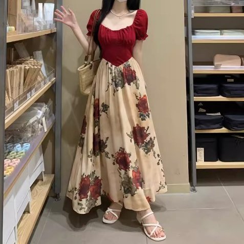 ワンピース レディース 花柄切替ワンピース スクエアネック ドッキングレトロ花柄ワンピース ロング丈 パフスリーブ Aライン M-4XL ボリュームバストサイズ 大人可愛い 韓 大きいサイズワンピース