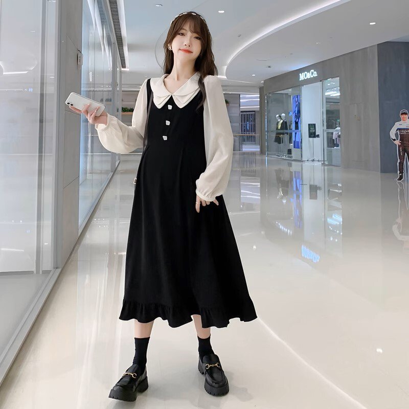 ワンピース マタニティ 授乳口付き レイヤード風 襟付き Vネック パフスリーブ フレア レディース 大人可愛い ママコーデ ママファッション ママ服 人気 ゆったり 大きいサイズ マタニティウェアワ