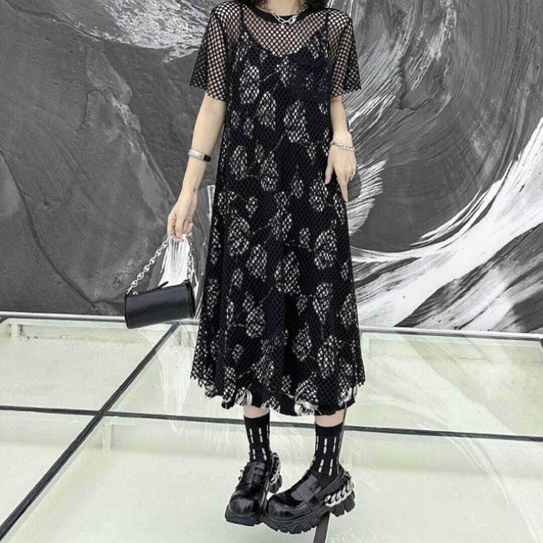 レディース セットアップ キャミワンピース ＆ メッシュ 半袖 ワンピース 2点セット ラウンドネック バックリボン モノトーン 大人可愛い ママコーデ 韓国系 オルチャン 人 ママファッションレディ